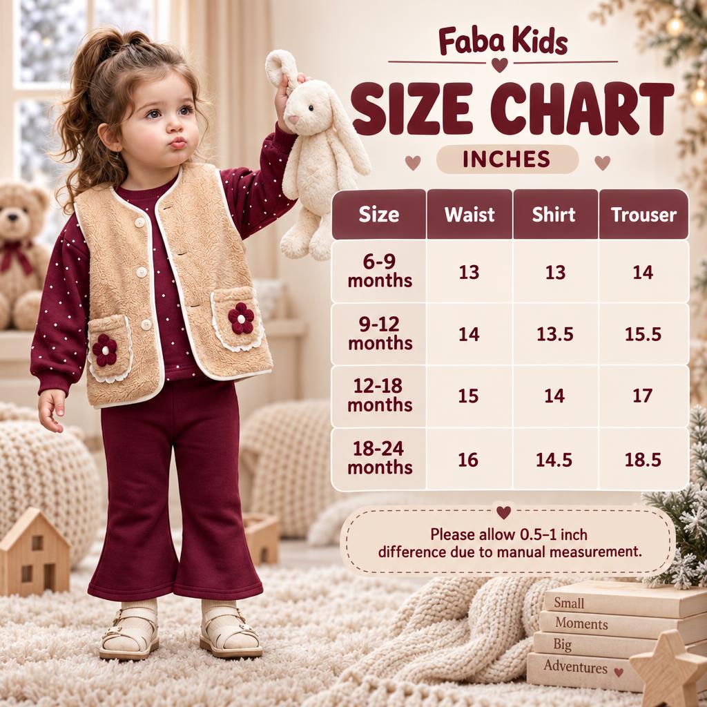 Faba Kids size chart for the Maroon floral waistcoat sweater and trouser 3PC set, showing sizes from 6-9 months to 18-24 months in inches.