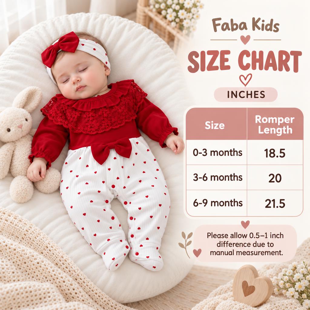 Faba Kids size chart for the heart lace romper showing 0-3 months, 3-6 months and 6-9 months with romper lengths of 18.5, 20 and 21.5 inches.