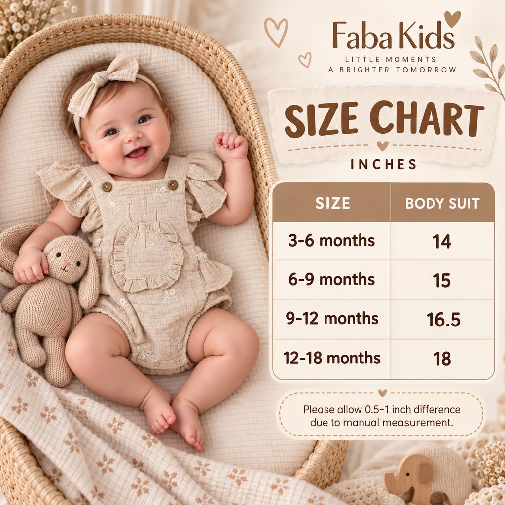 Faba Kids size chart for the baby floral ruffle bodysuit, showing body suit lengths for 3–6, 6–9, 9–12 and 12–18 months in inches.