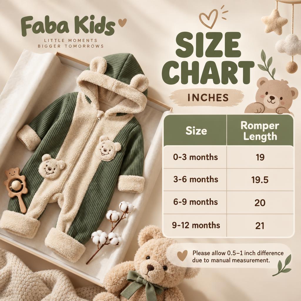 Faba Kids size chart for the Olive Green teddy-ear baby romper, listing romper lengths for 0-3, 3-6, 6-9 and 9-12 months.