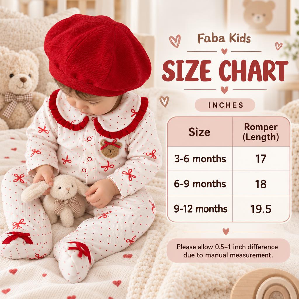 Faba Kids size chart for the Red bow bear romper, showing 3-6 months 17 inches, 6-9 months 18 inches and 9-12 months 19.5 inches.