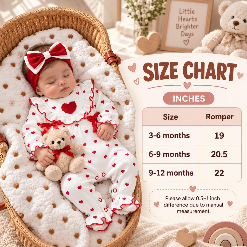 Cream and Red heart-print baby romper size chart showing 3-6 months, 6-9 months and 9-12 months romper lengths alongside the matching bow headband.