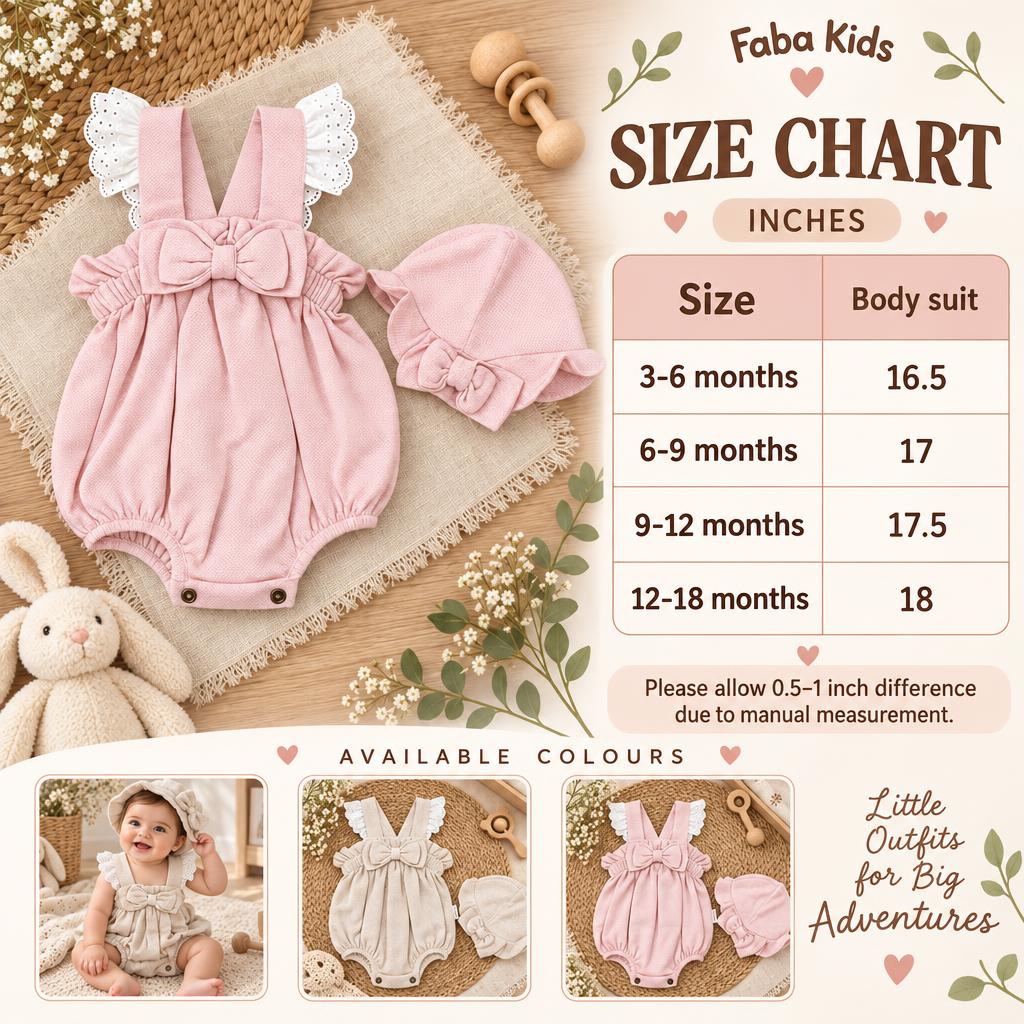 Faba Kids size chart for the baby bow bodysuit and cap set, showing bodysuit lengths for 3–6 through 12–18 months.