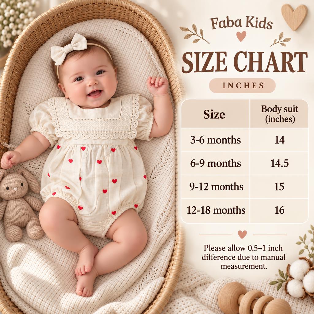 Faba Kids size chart for the Cream heart embroidered baby bodysuit, showing 3–6 to 12–18 month sizes and 14 to 16 inch body suit lengths.