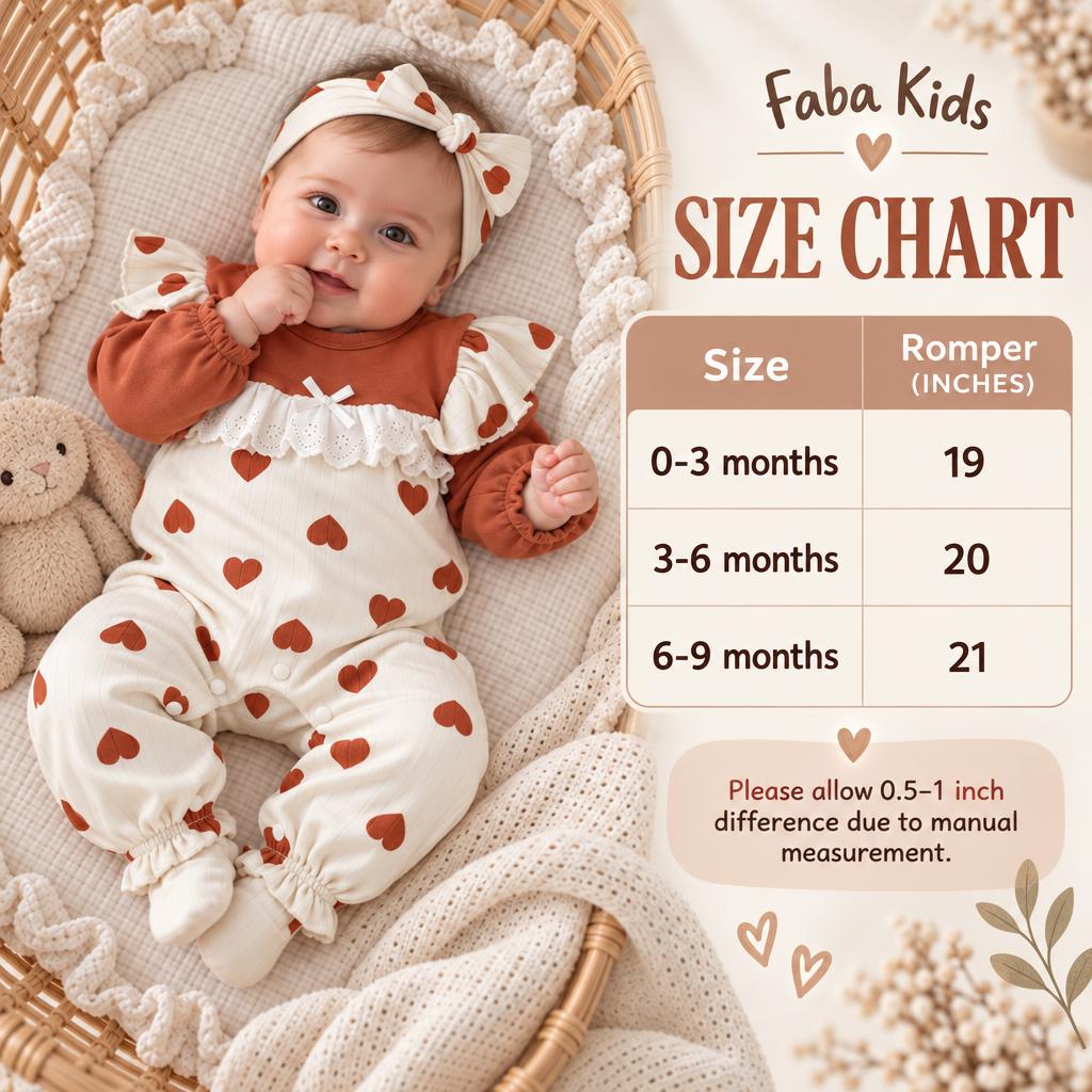Faba Kids size chart beside a baby wearing the heart ruffle romper and bow headband, showing romper lengths for 0-3, 3-6 and 6-9 months.