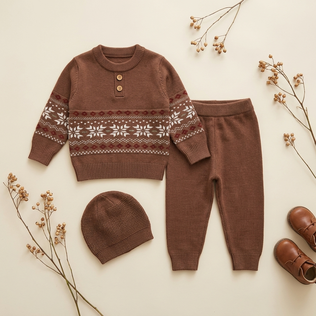 Baby boys 3PC knit sweater trouser and cap set in brown