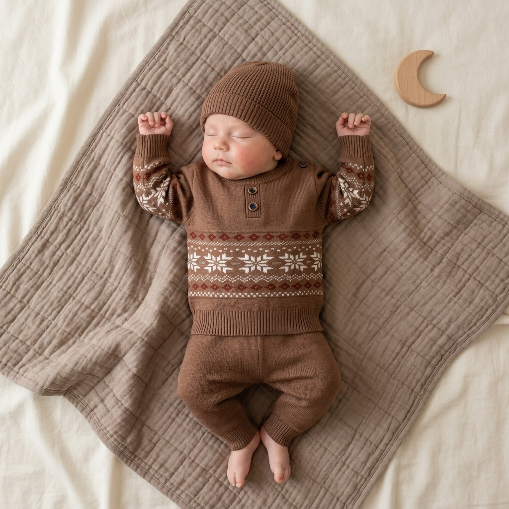 Baby boy wearing brown 3PC knit sweater trouser and cap set