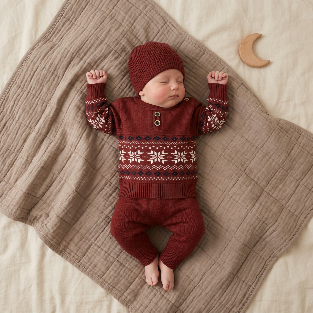 Baby boy wearing red 3PC knit sweater trouser and cap set