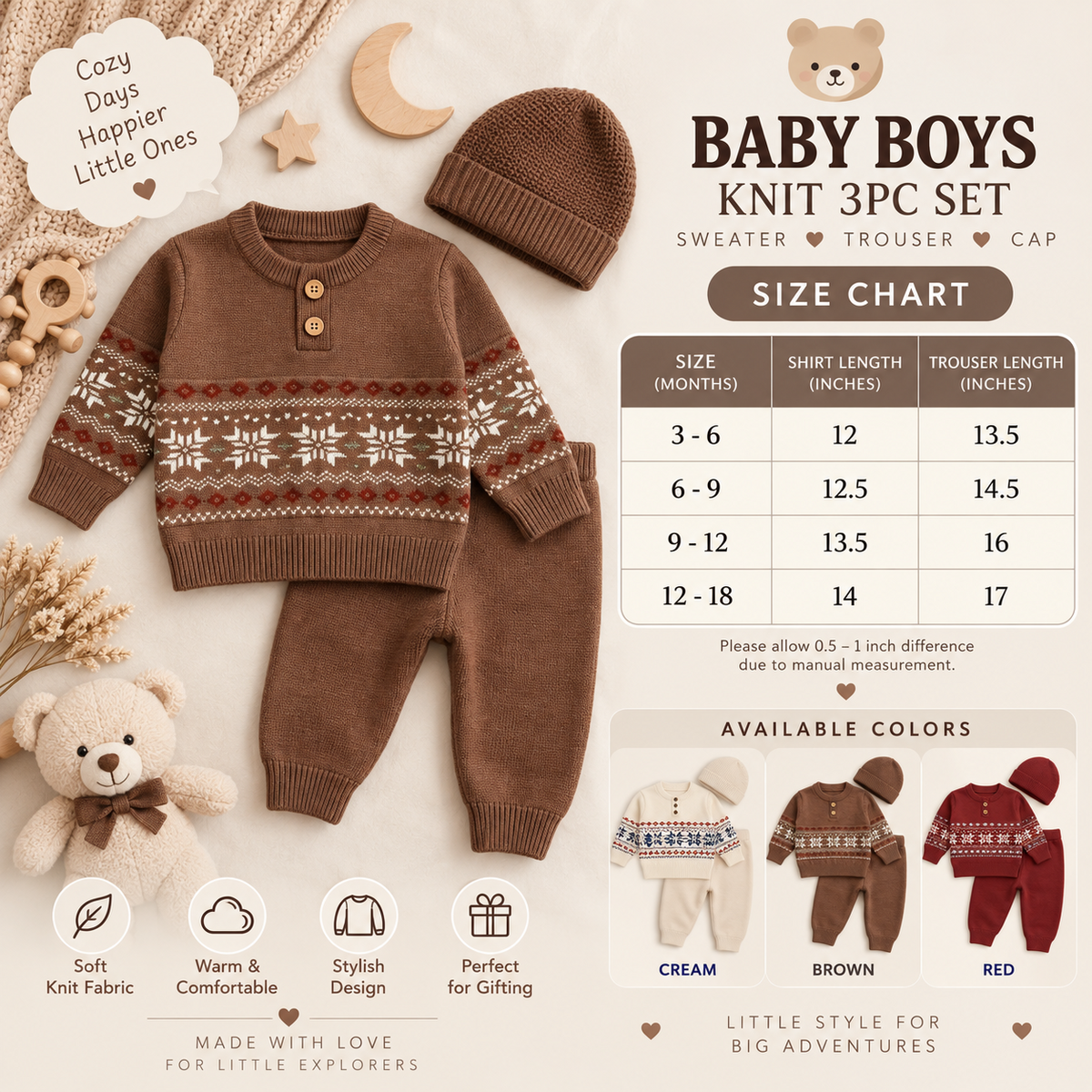 Baby boys 3PC knit set size chart 3 to 18 months