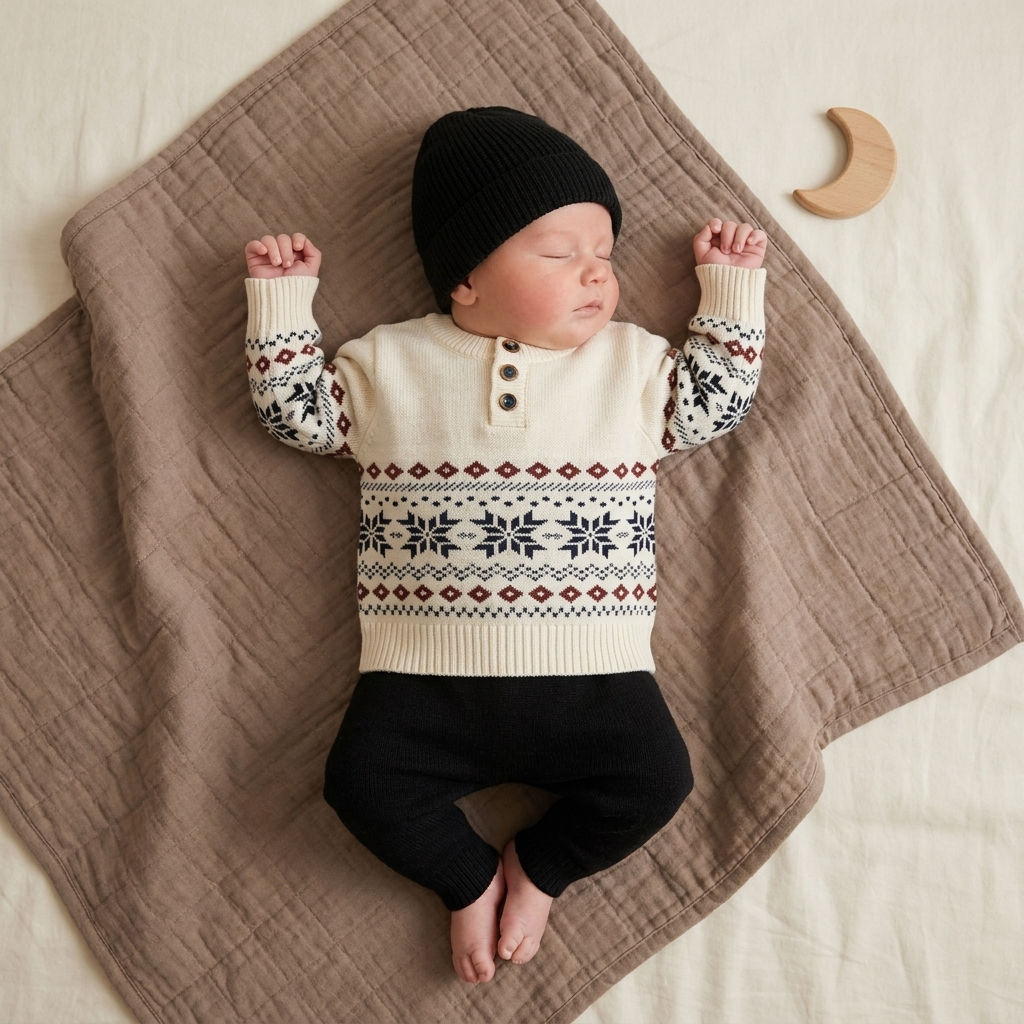 Baby boy wearing white 3PC knit sweater trouser and cap set