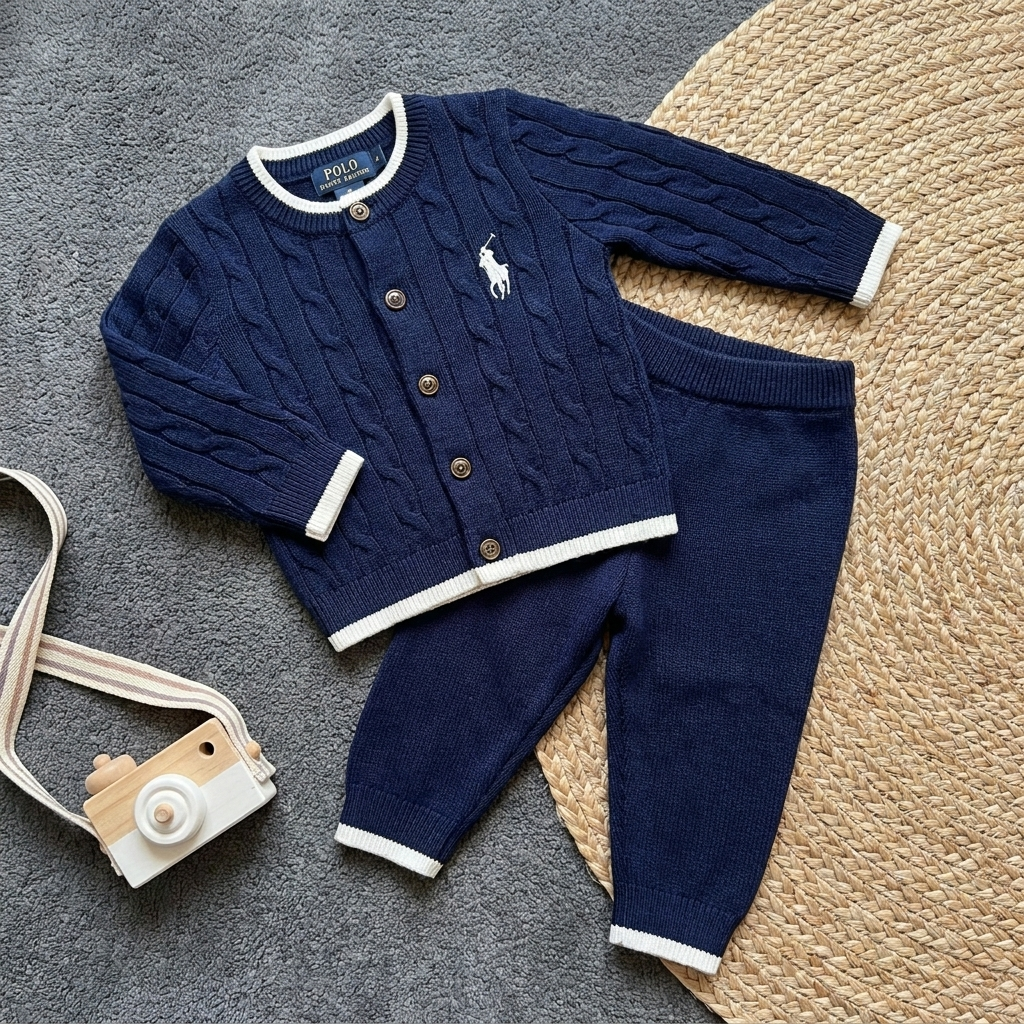 Baby boys cable knit 2PC cardigan and trouser set in blue