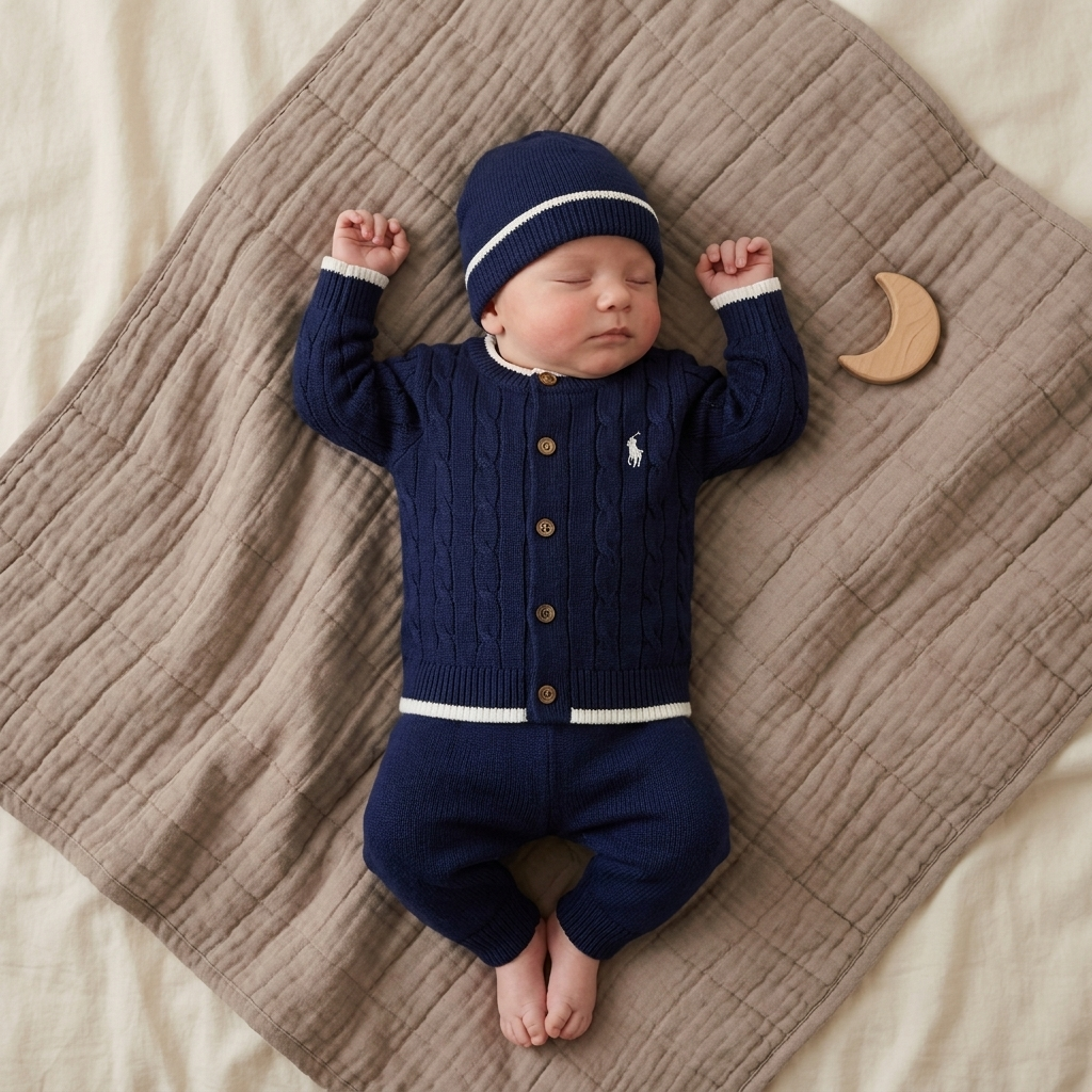 Baby boys cable knit 2PC cardigan and trouser set in blue lifestyle