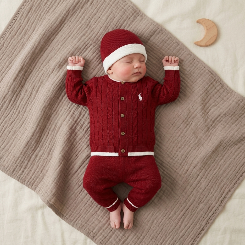 Baby boys cable knit 2PC cardigan and trouser set in red