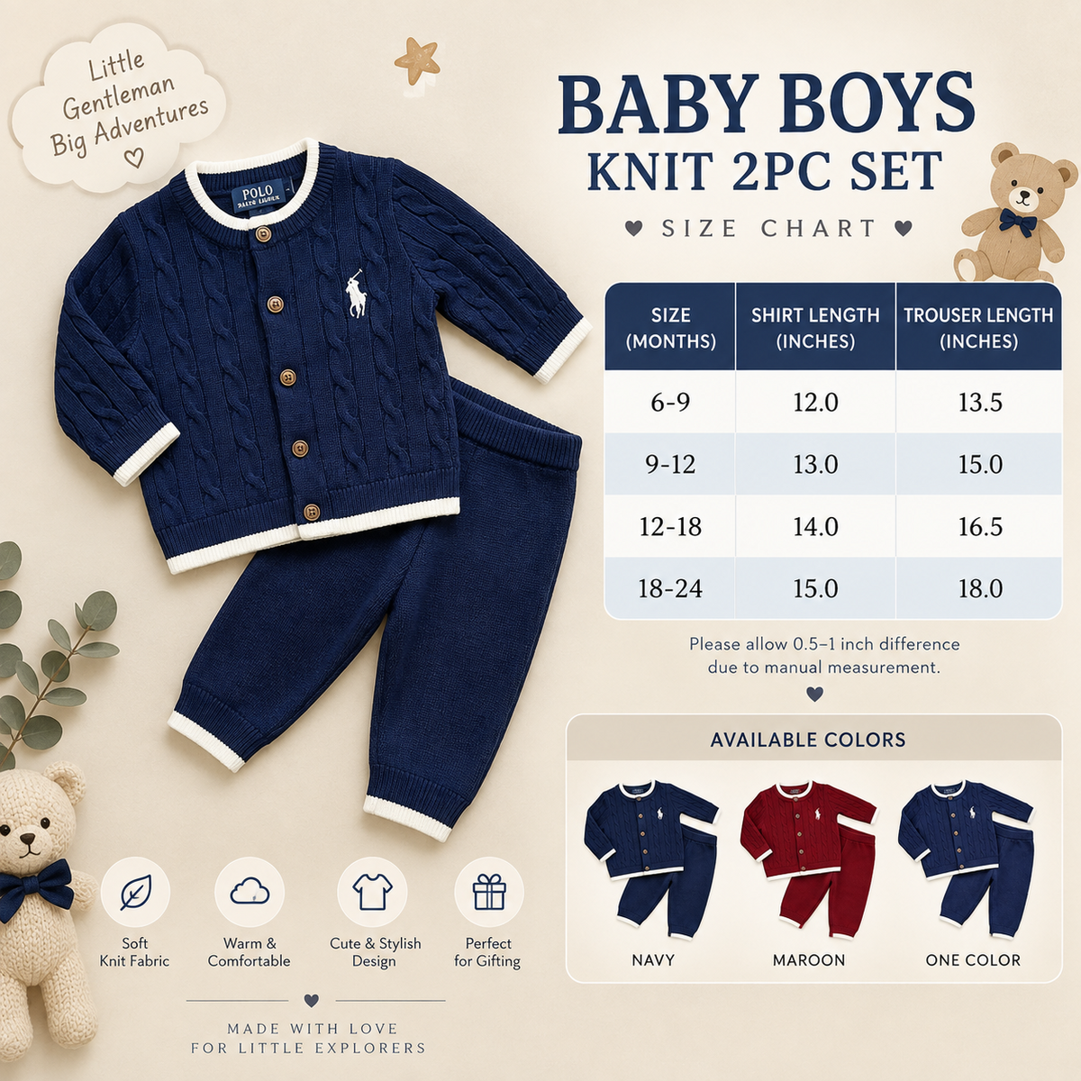 Baby boys cable knit 2PC set size chart