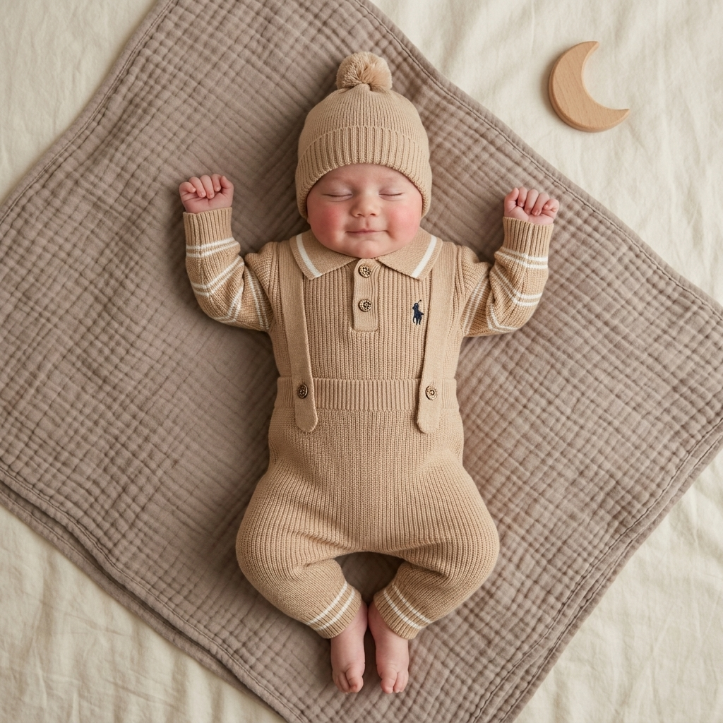 Smiling baby boy wearing beige knit dungaree set with cap