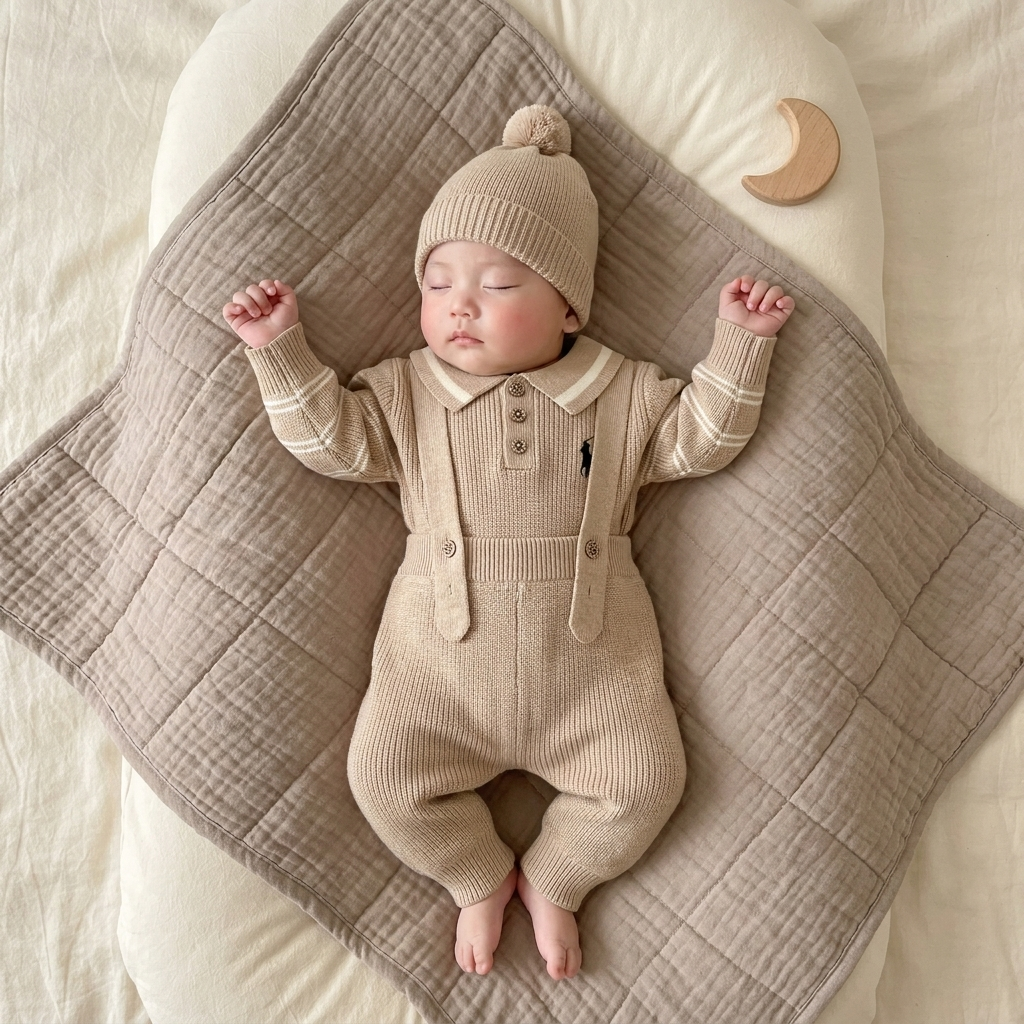 Baby boy wearing beige knit dungaree set with matching cap