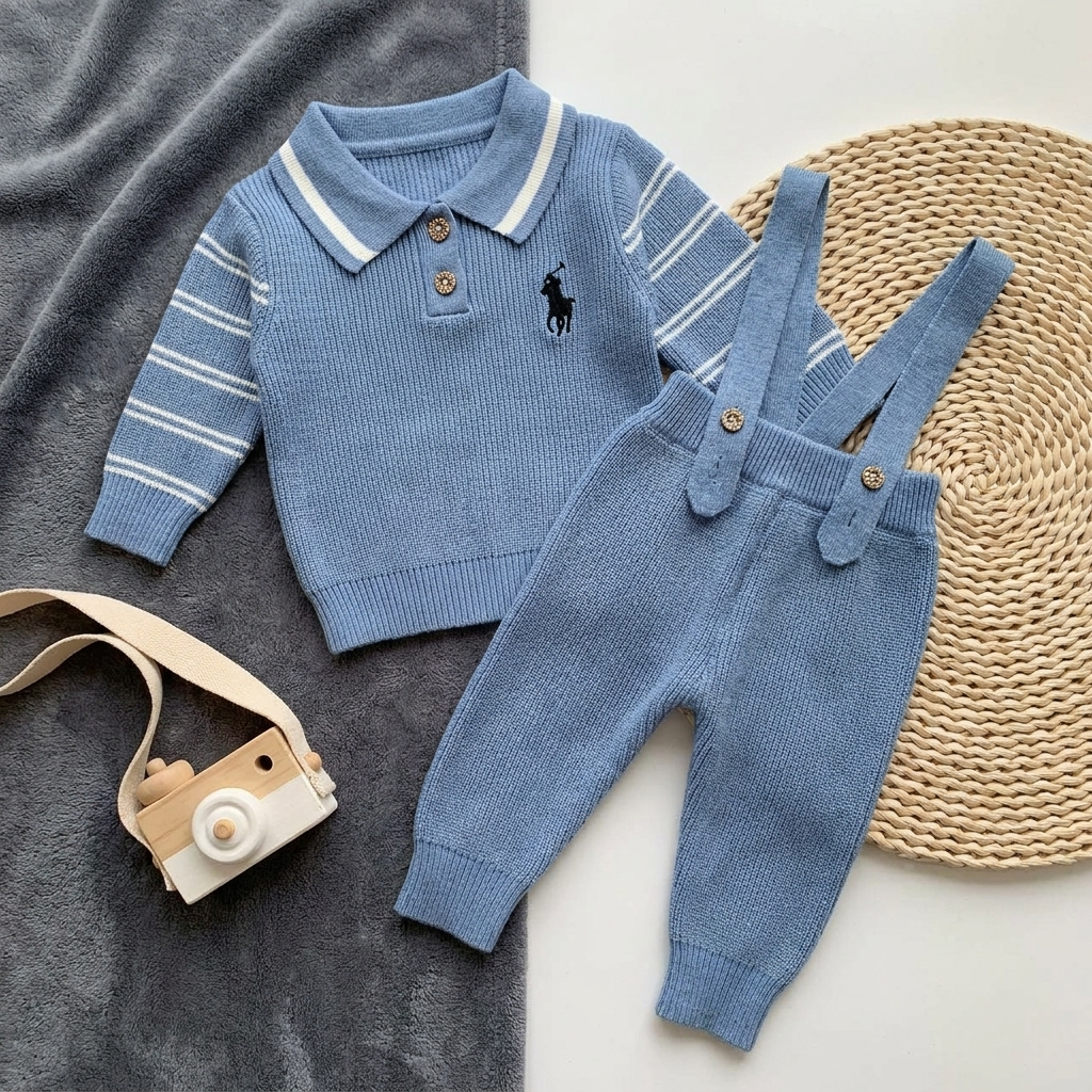 Baby boys blue knit shirt and dungaree set flat lay