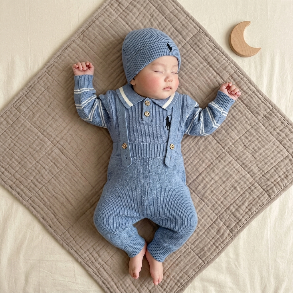 Baby boy wearing blue knit dungaree set with matching cap