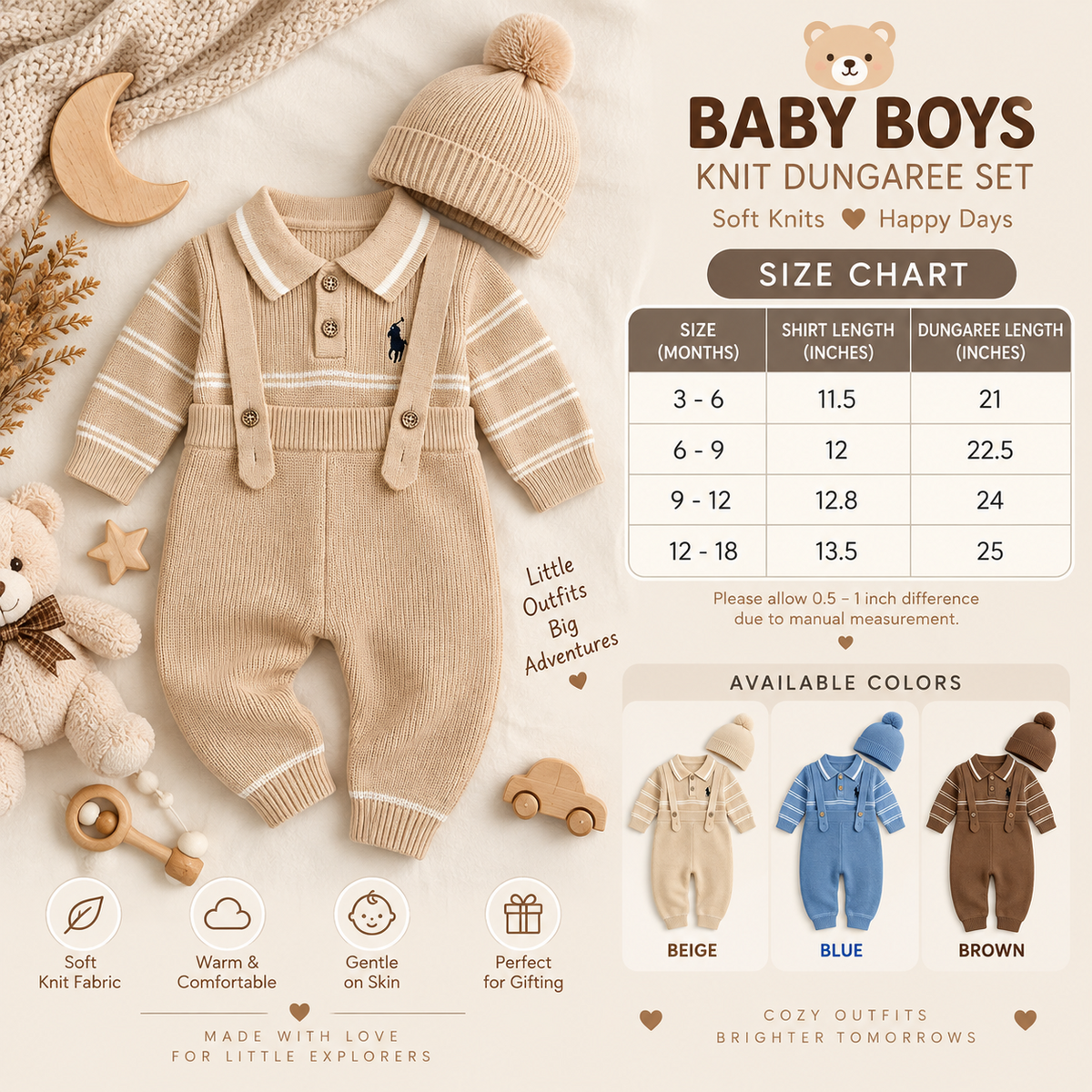 Baby boys knit dungaree set size chart 3 to 18 months