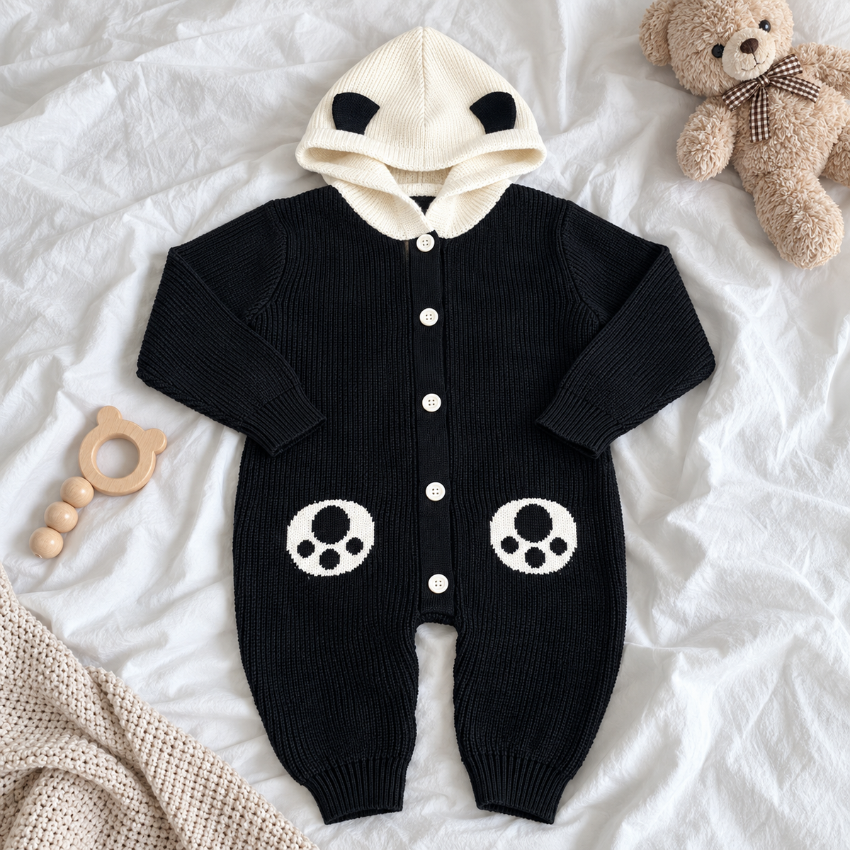 Baby boys knit hooded romper in black flat lay