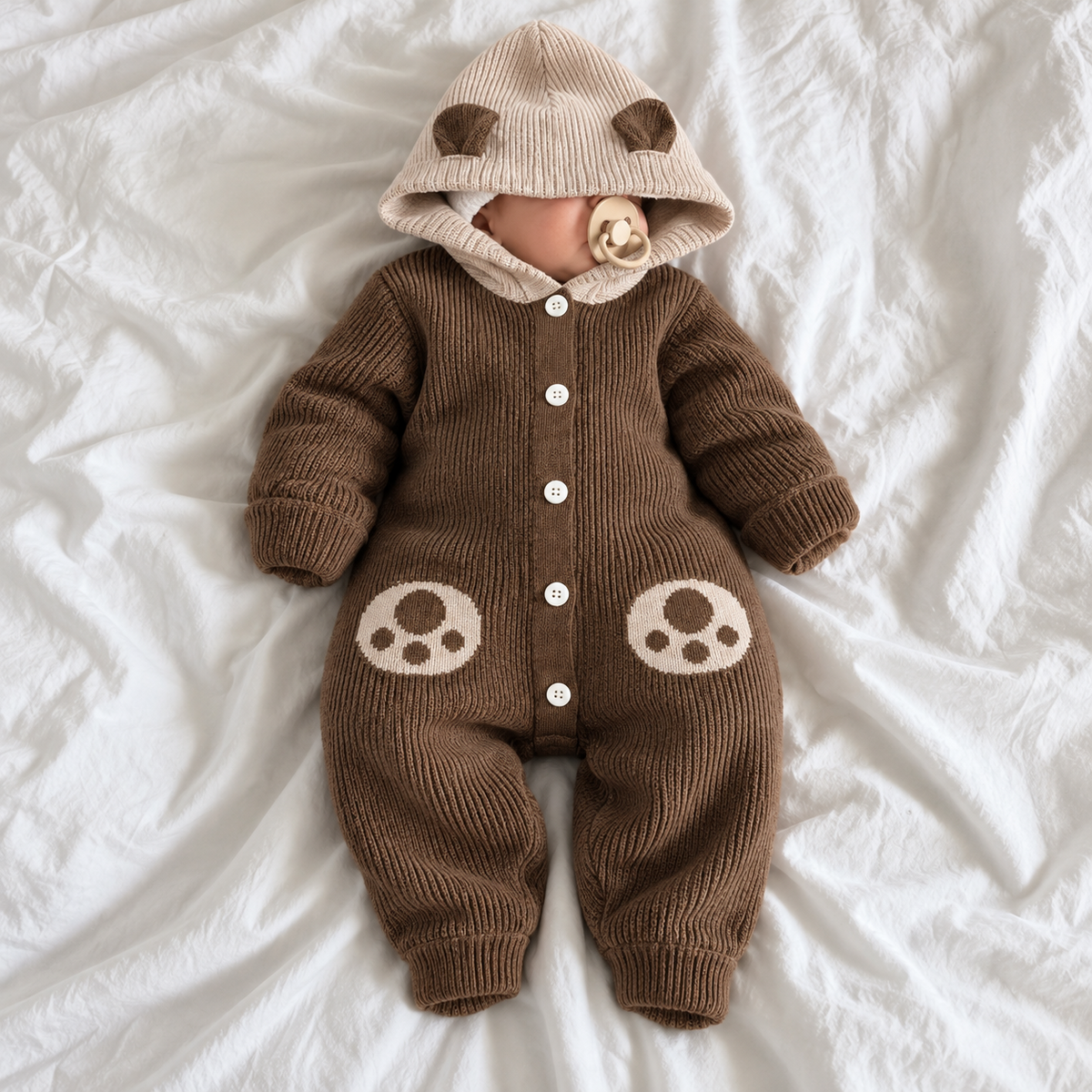Baby boys knit hooded romper in brown