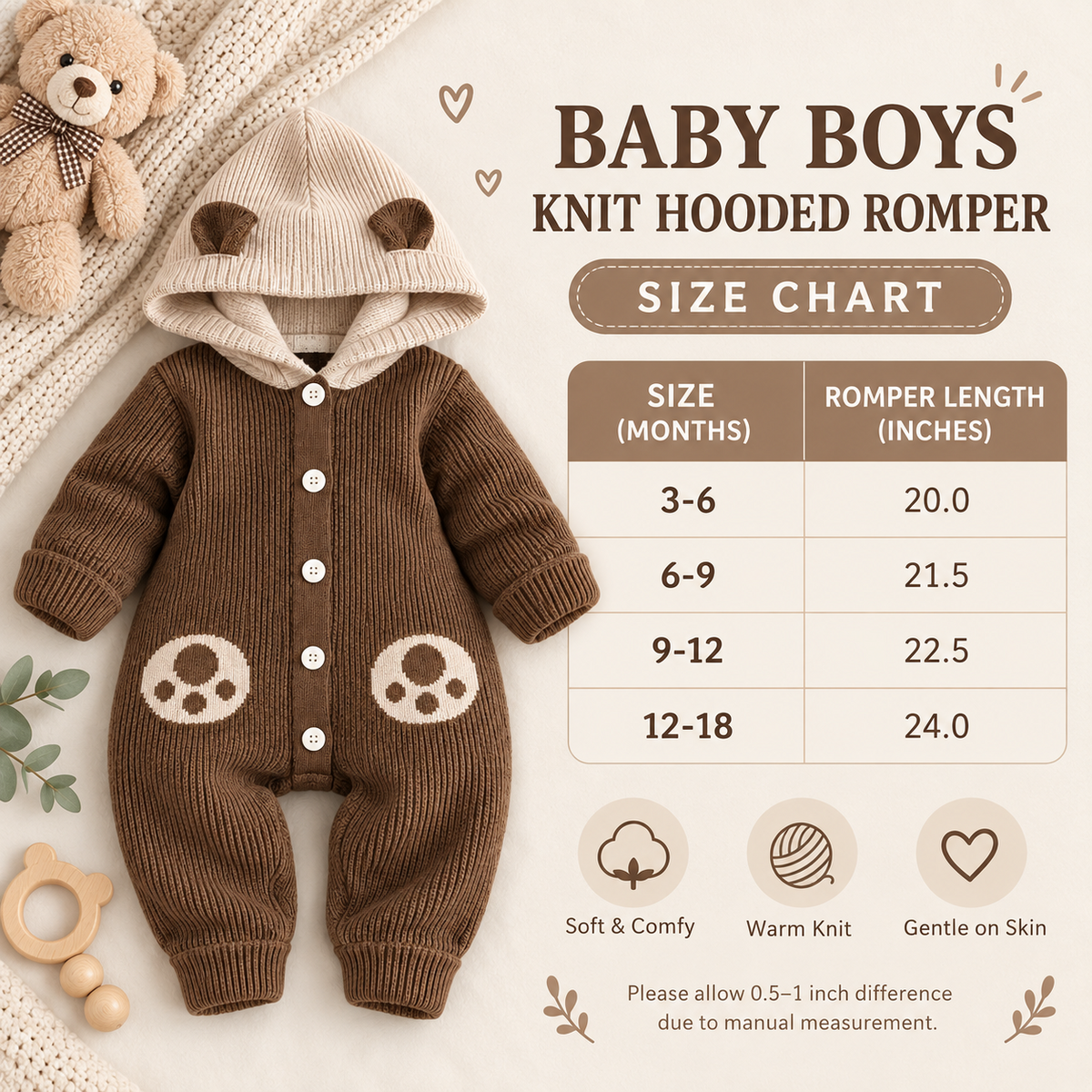 Baby boys knit hooded romper size chart