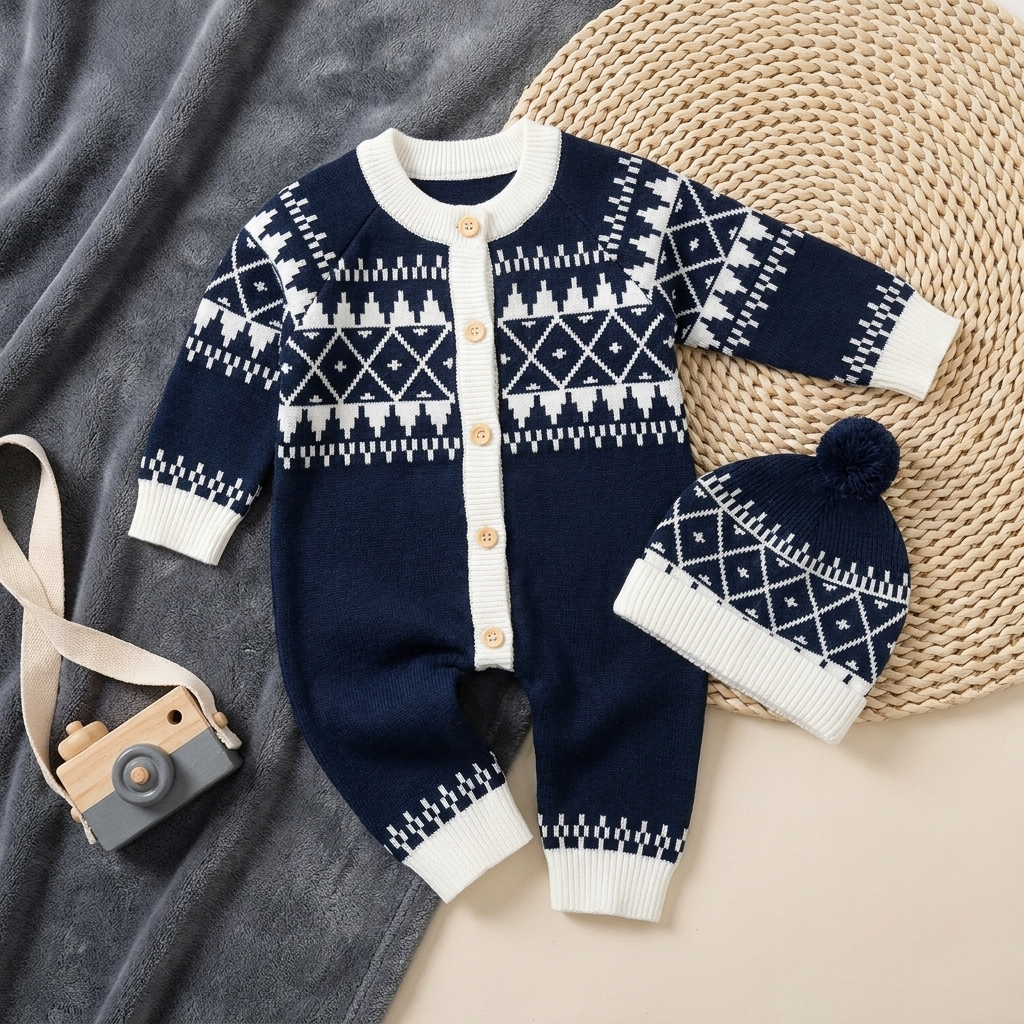 Baby boys 2PC knit romper and cap set in blue flat lay