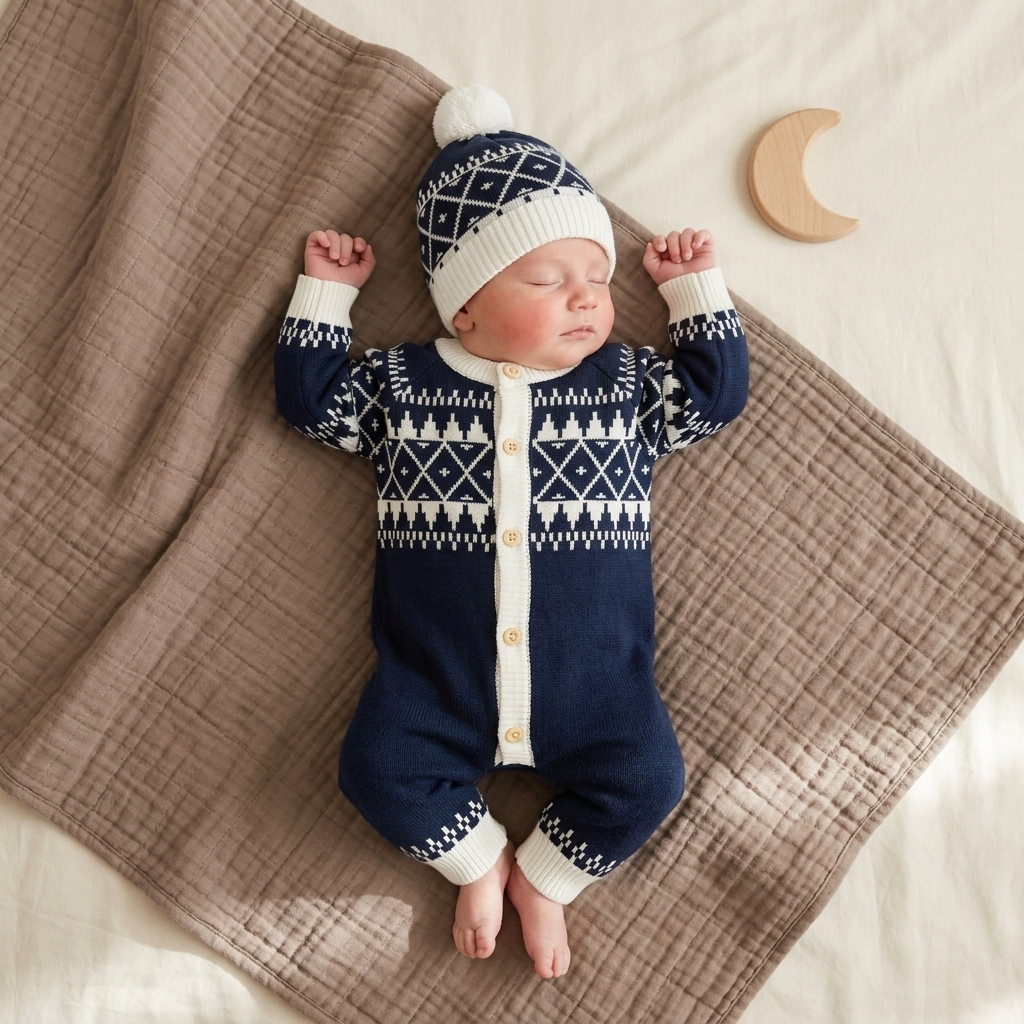 Baby boys knit romper set with cap in blue