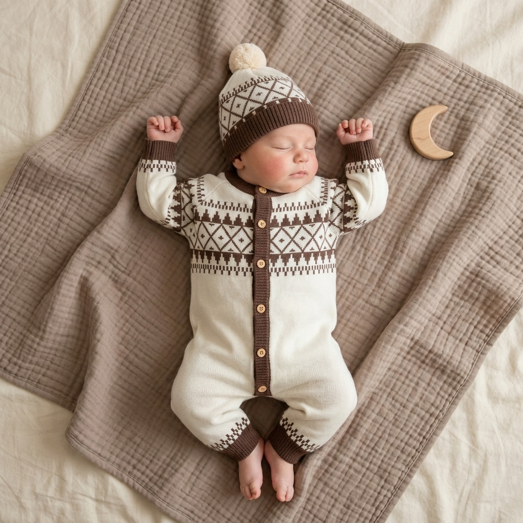 Baby boys knit romper set with cap in cream