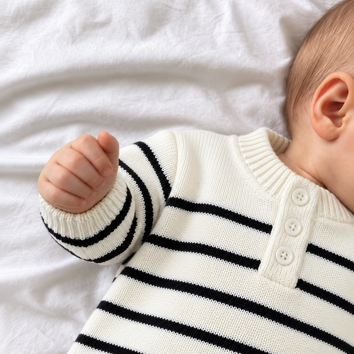 Baby wearing white striped knit sweater