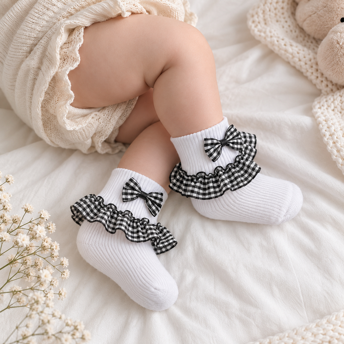 Baby wearing white ankle socks with black gingham bow and frill