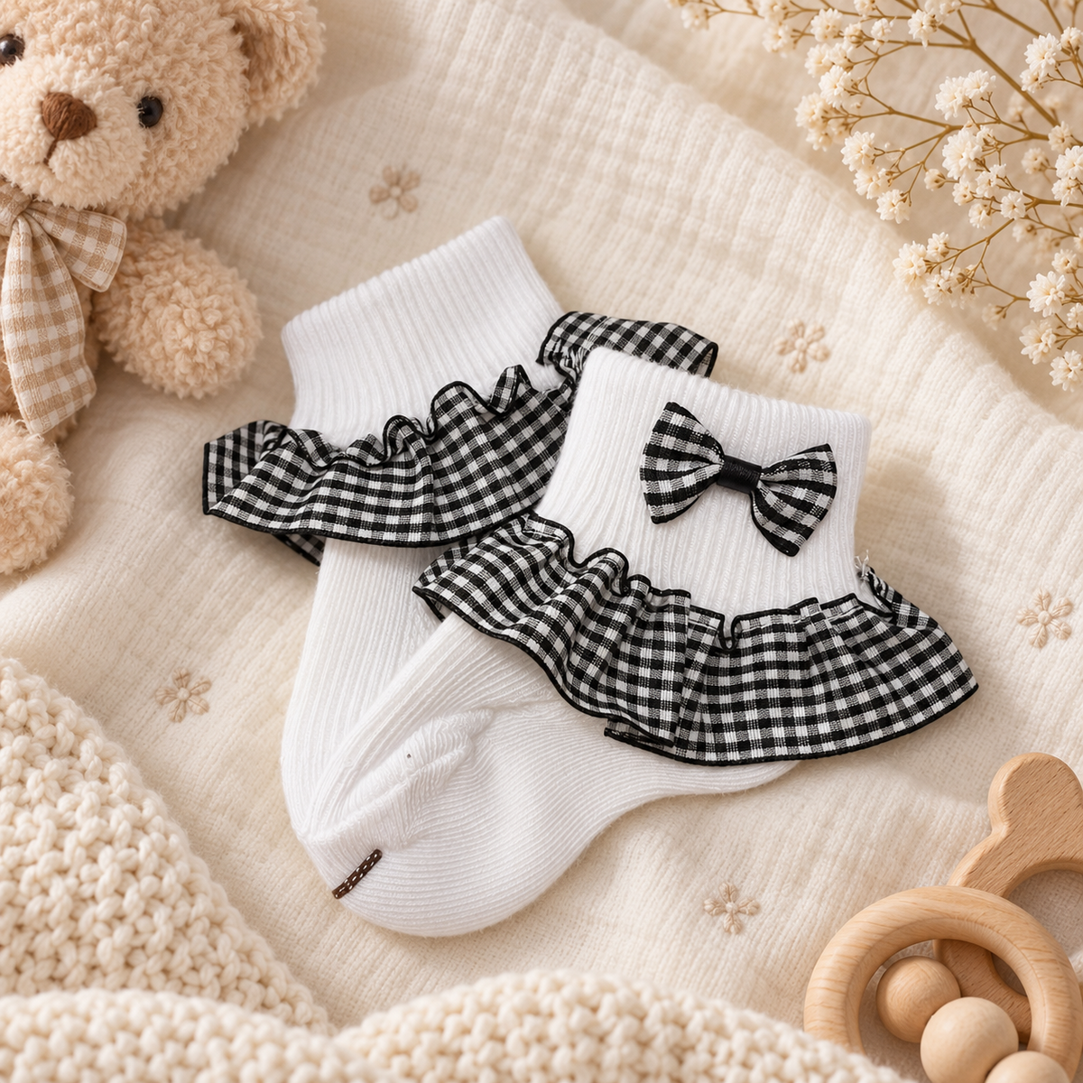 Baby girl white ankle socks with black gingham bow and frill