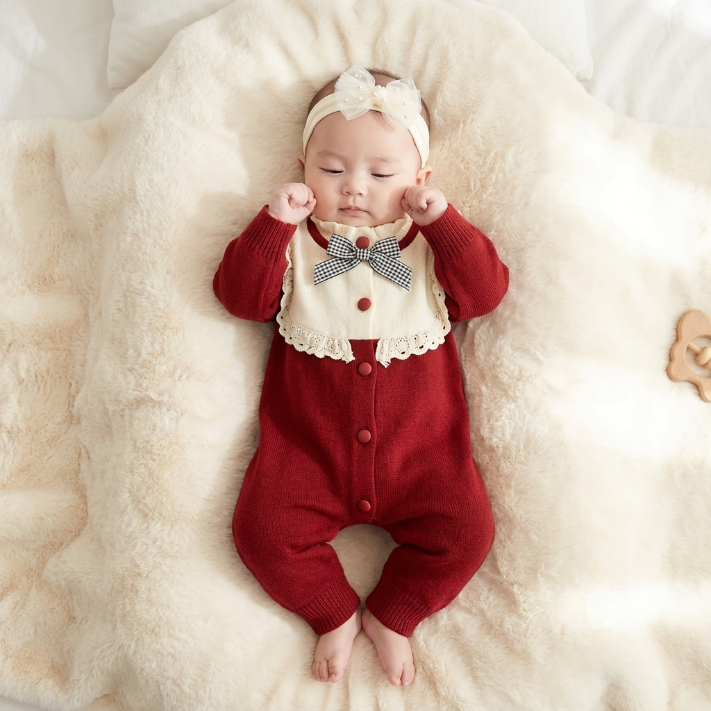 Baby girls 1PC knit lace romper pink flat lay