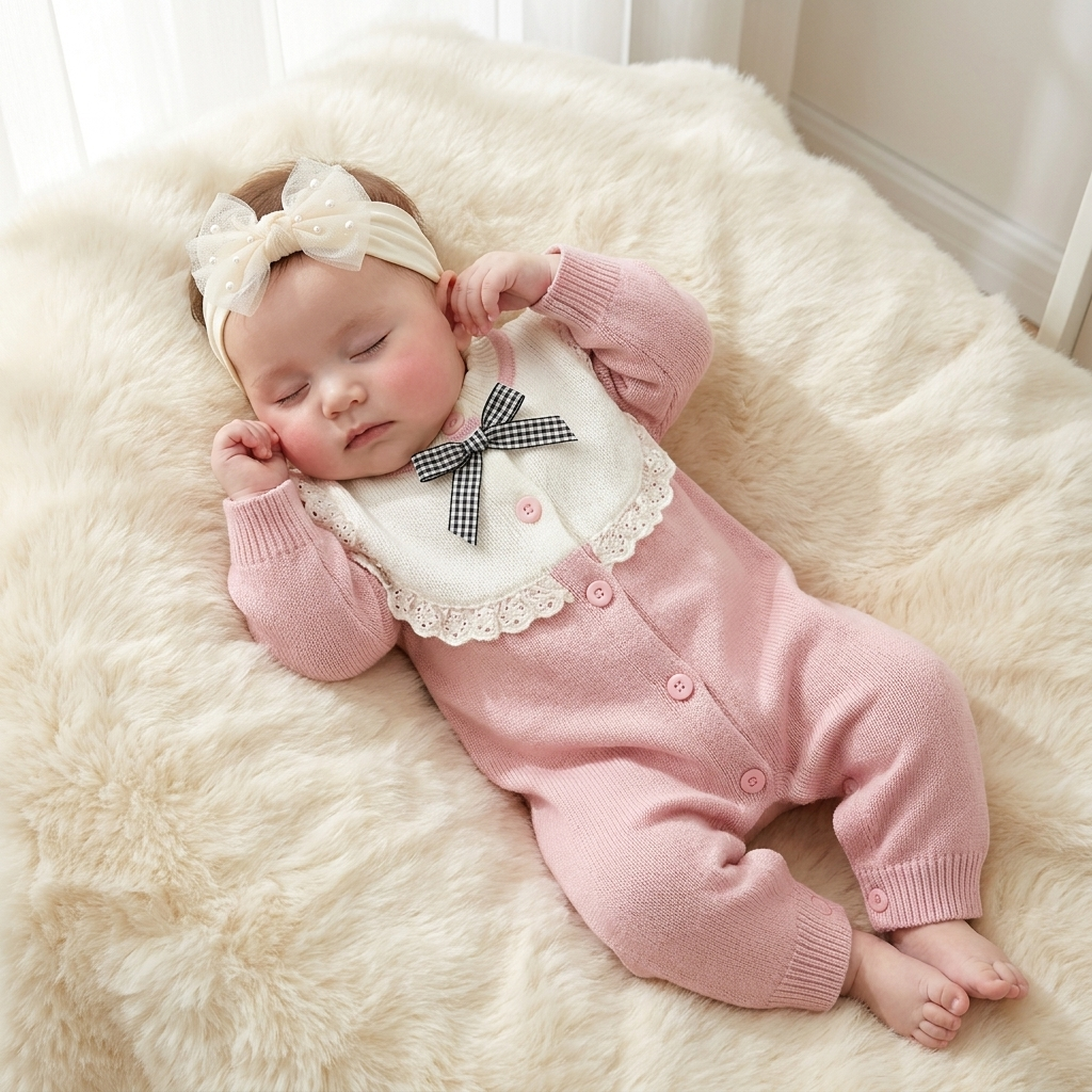 Baby girls 1PC knit lace romper in pink