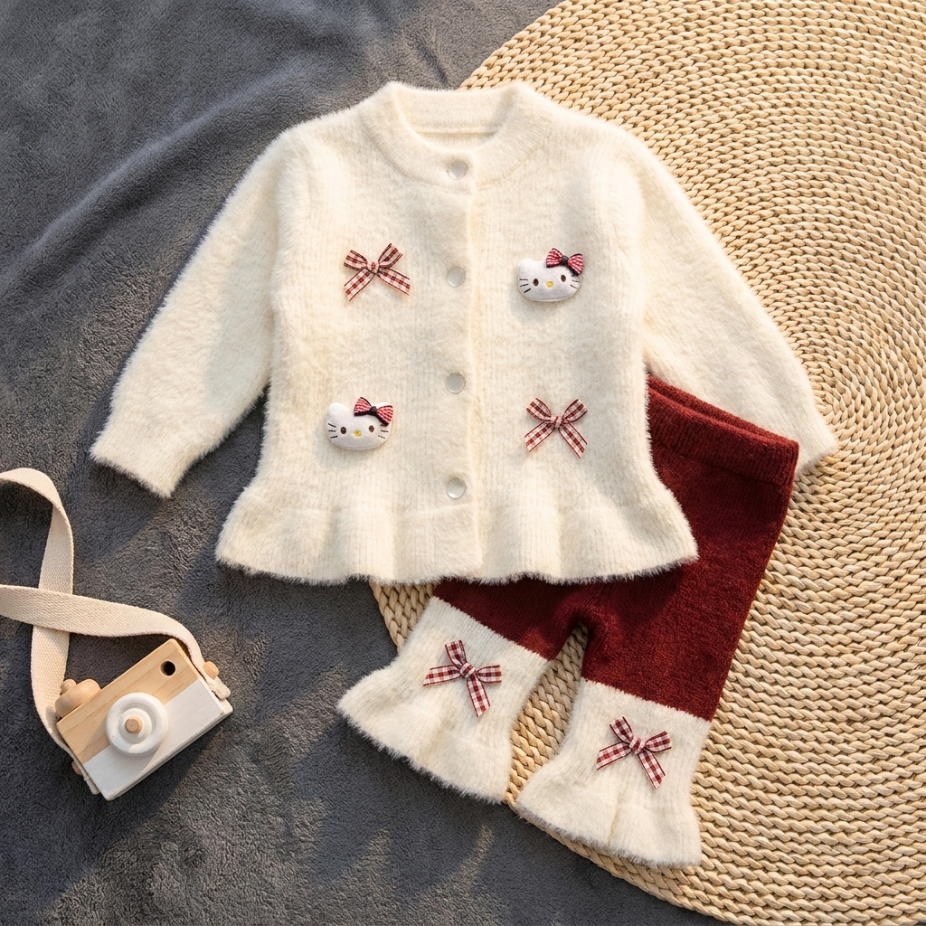 Baby girls 2PC fuzzy knit winter suit flat lay
