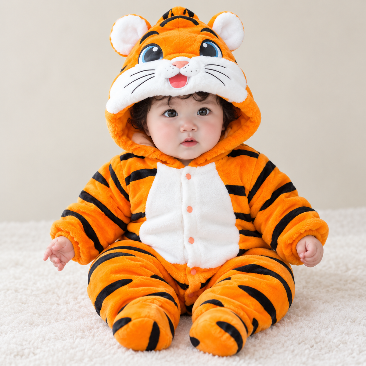 Baby wearing orange tiger romper with detachable booties