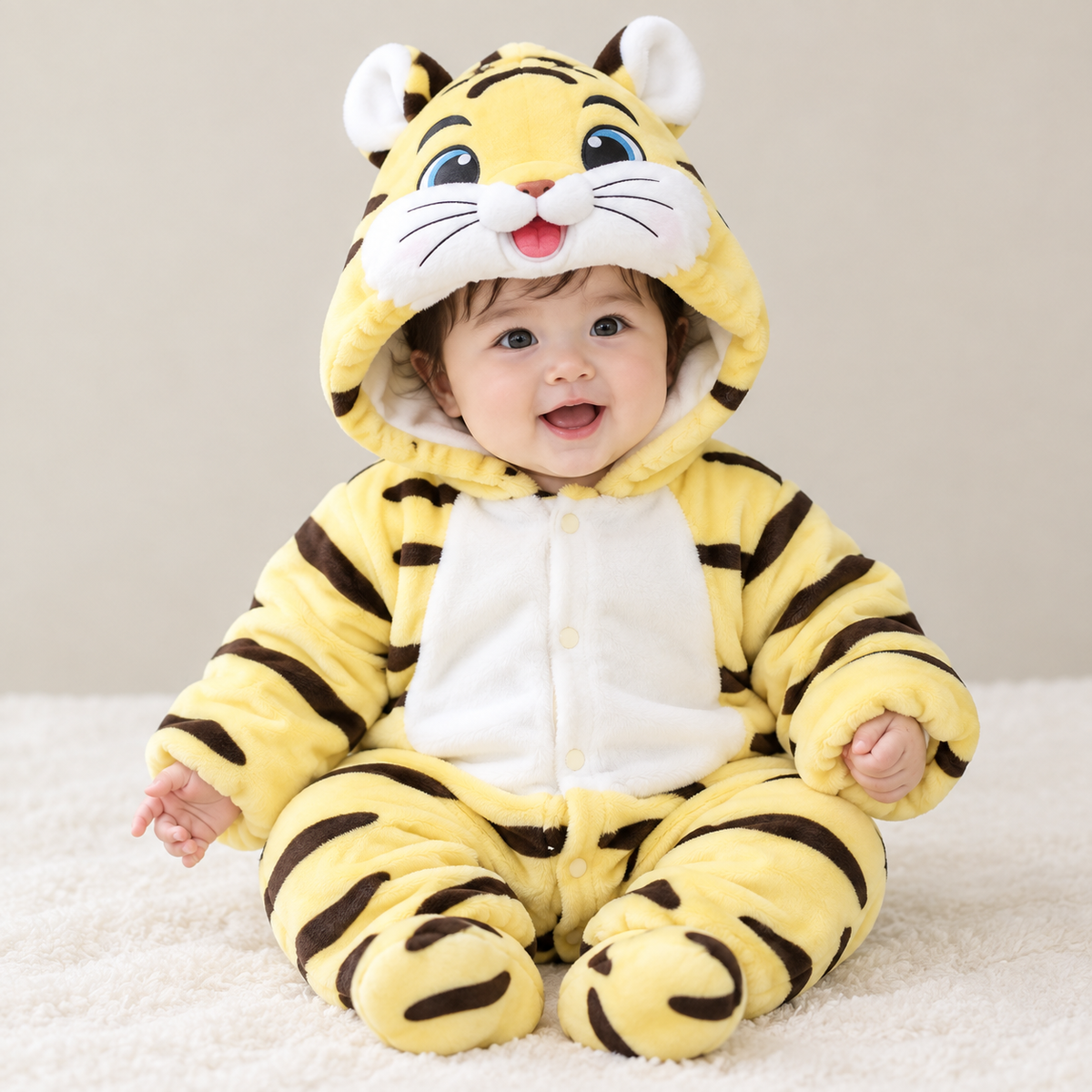 Baby wearing yellow tiger romper with detachable booties