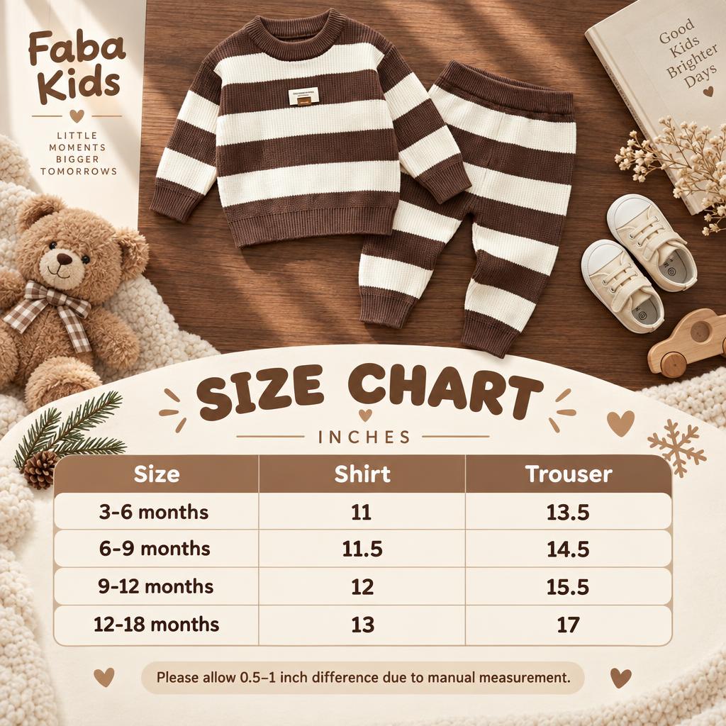 Faba Kids size chart for the Brown and Cream baby wide-stripe sweater and trouser set, showing 3-6 to 12-18 month measurements in inches.