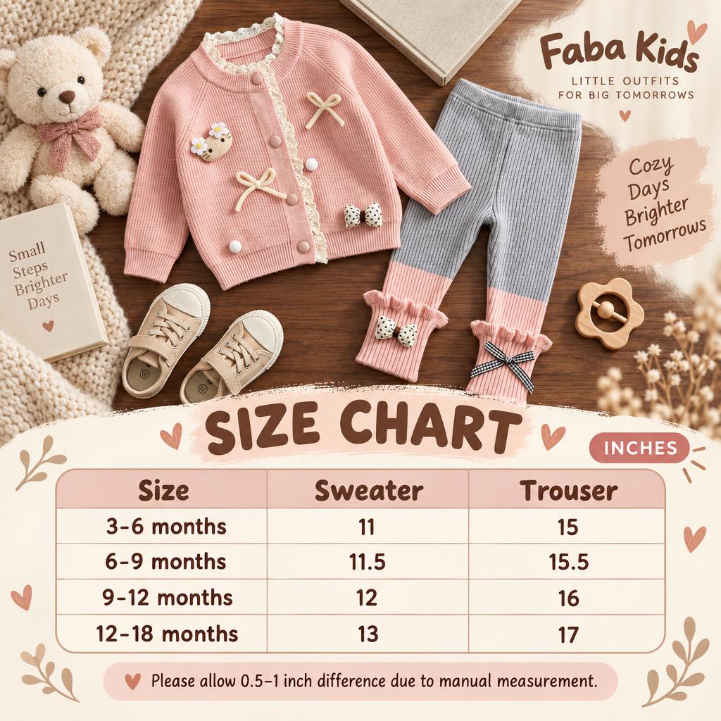 Faba Kids size chart for the girls kitty bow cardigan and ribbed trouser 2-piece sweater suit, listing 3-6, 6-9, 9-12 and 12-18 months measurements in inches.