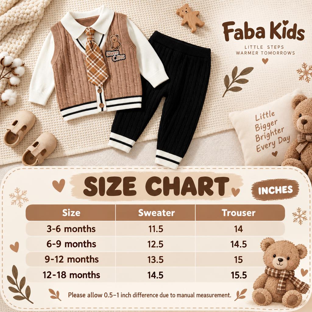 Faba Kids size chart for the baby teddy tie cable-knit sweater and trouser 2-piece suit, showing 3-6 to 12-18 month measurements in inches.