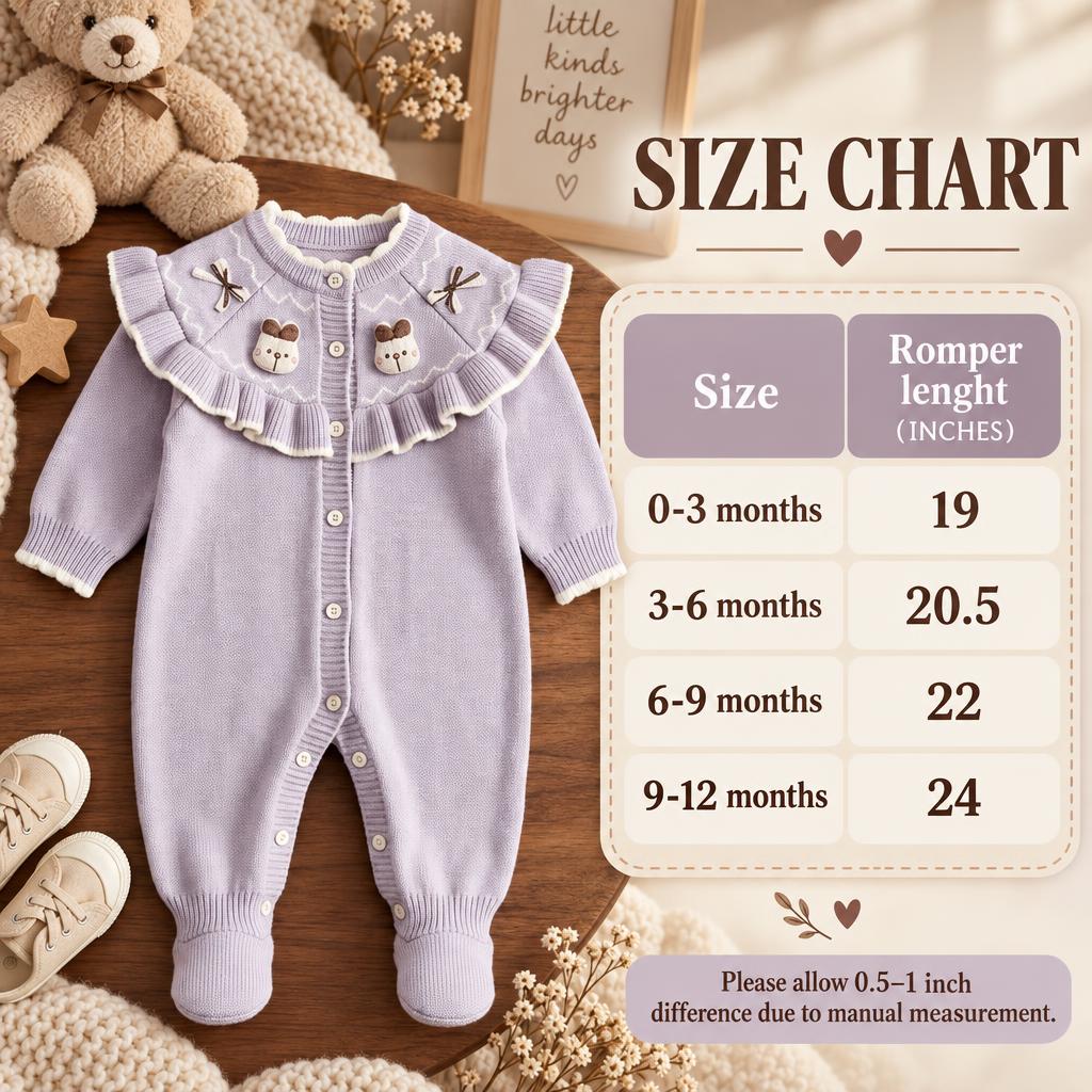 Size chart for the Purple teddy bow ruffle baby romper showing lengths for 0-3, 3-6, 6-9 and 9-12 months.