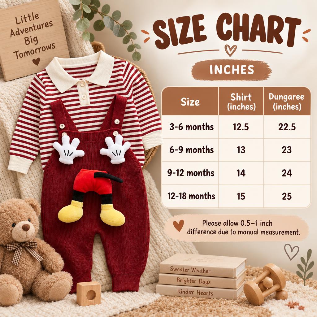 Size chart for the baby striped shirt and knit dungaree 2-piece set, showing shirt and dungaree measurements for 3-6 to 12-18 months.