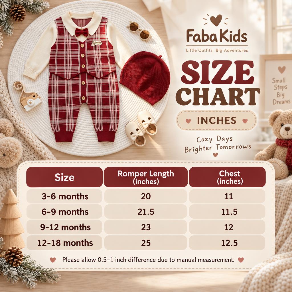 Faba Kids size chart for the plaid romper and cap set, showing 3-6 to 12-18 months with romper length and chest measurements in inches.
