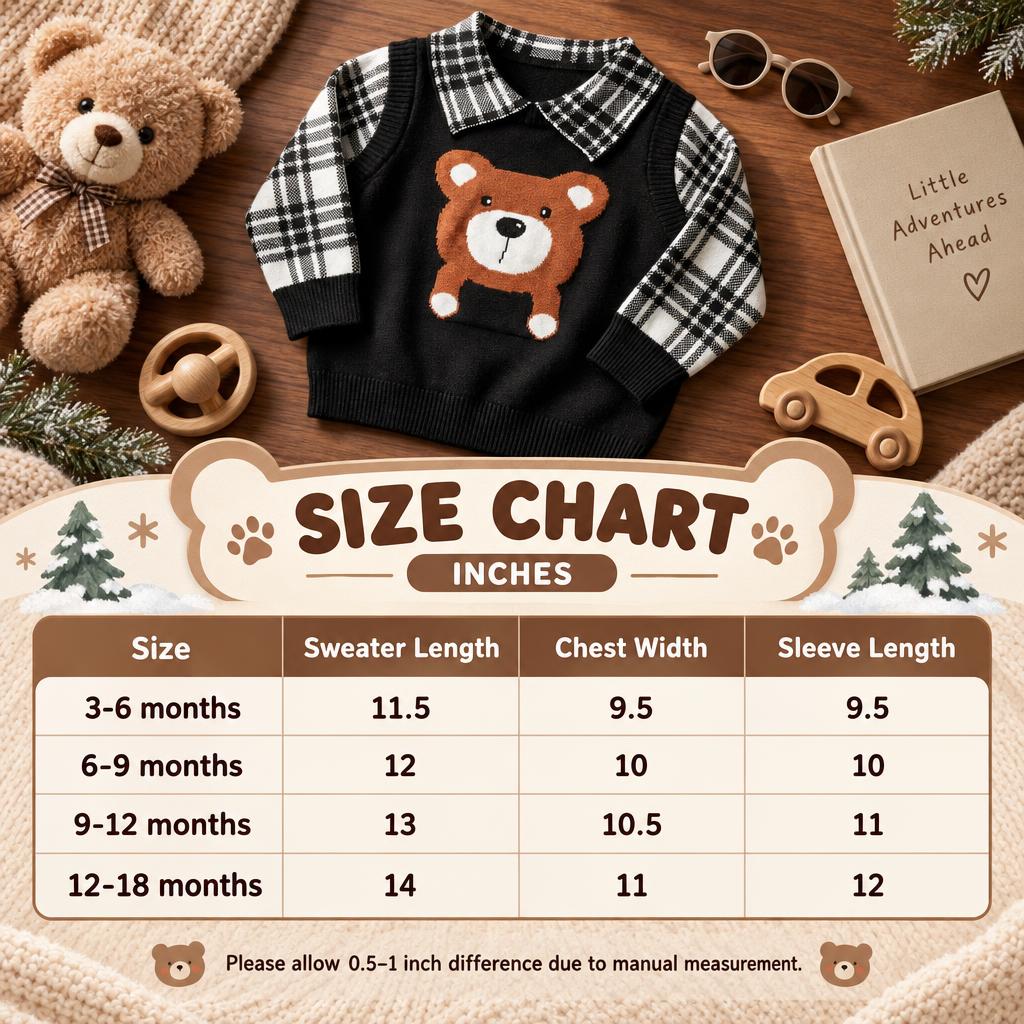 Baby bear check collar knit sweater size chart in inches showing 3-6, 6-9, 9-12 and 12-18 month measurements alongside the Black colour option.