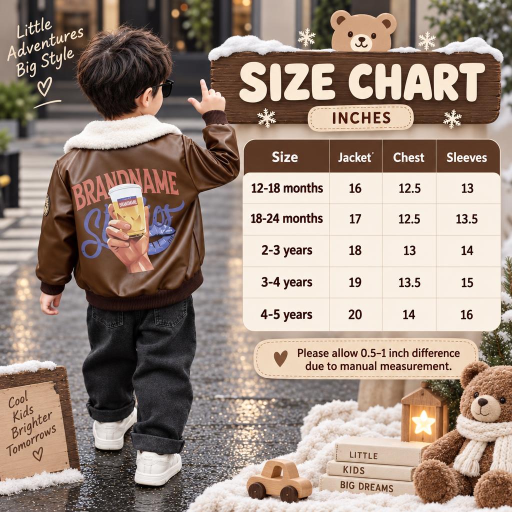 Size chart for boys sherpa-collar leather-look jacket, showing 12-18 months to 4-5 years with jacket, chest and sleeve measurements in inches.