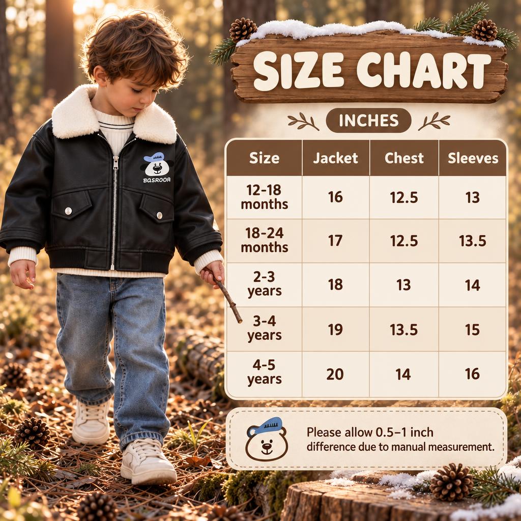 Boys leather-look jacket size chart showing Black jacket styling and measurements for 12-18 months through 4-5 years.