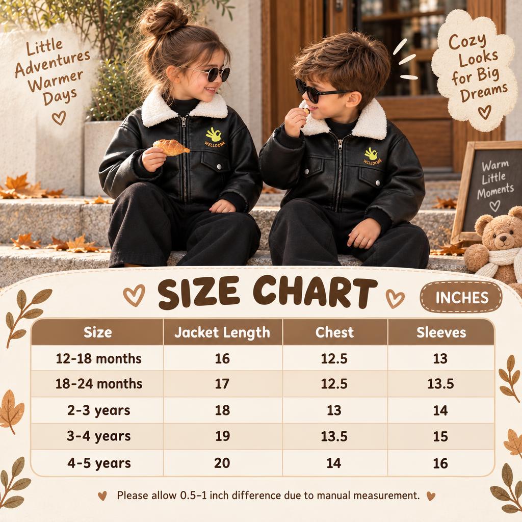 Kids Black sherpa-collar leather-look jacket size chart showing 12-18 months to 4-5 years measurements in inches for jacket length, chest and sleeves.