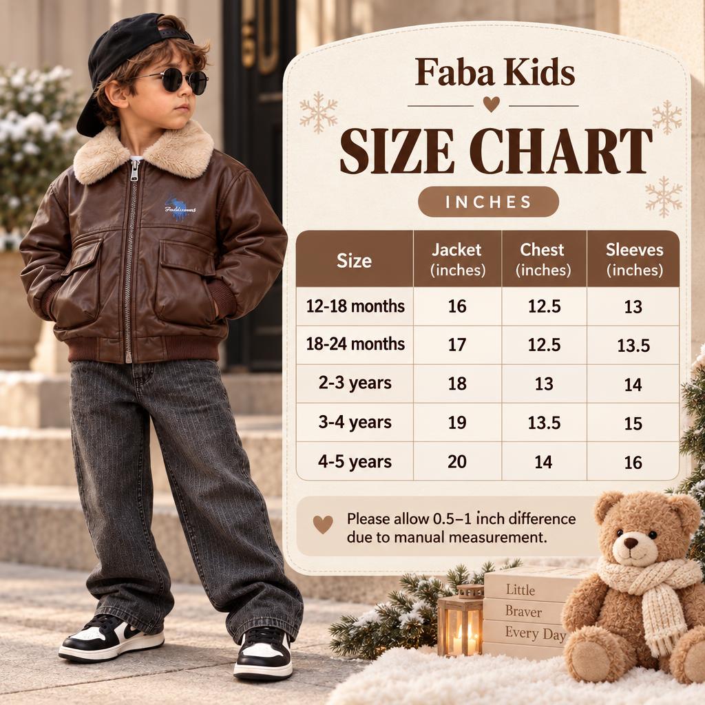 Faba Kids size chart for boys sherpa-collar leather-look jackets in 12-18 months through 4-5 years, showing jacket, chest and sleeve measurements in inches.