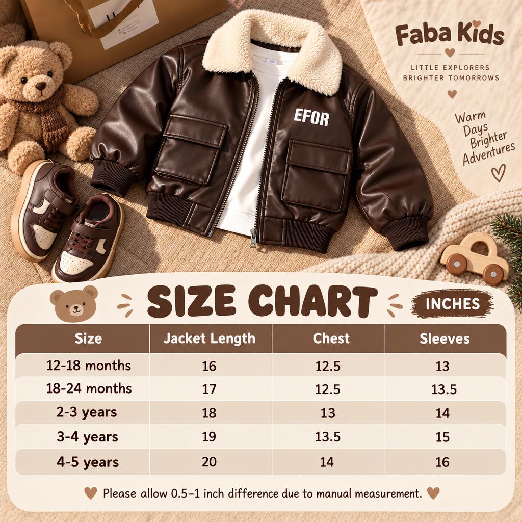 Faba Kids size chart for the boys sherpa collar leather jacket, showing 12-18 months through 4-5 years measurements in inches.