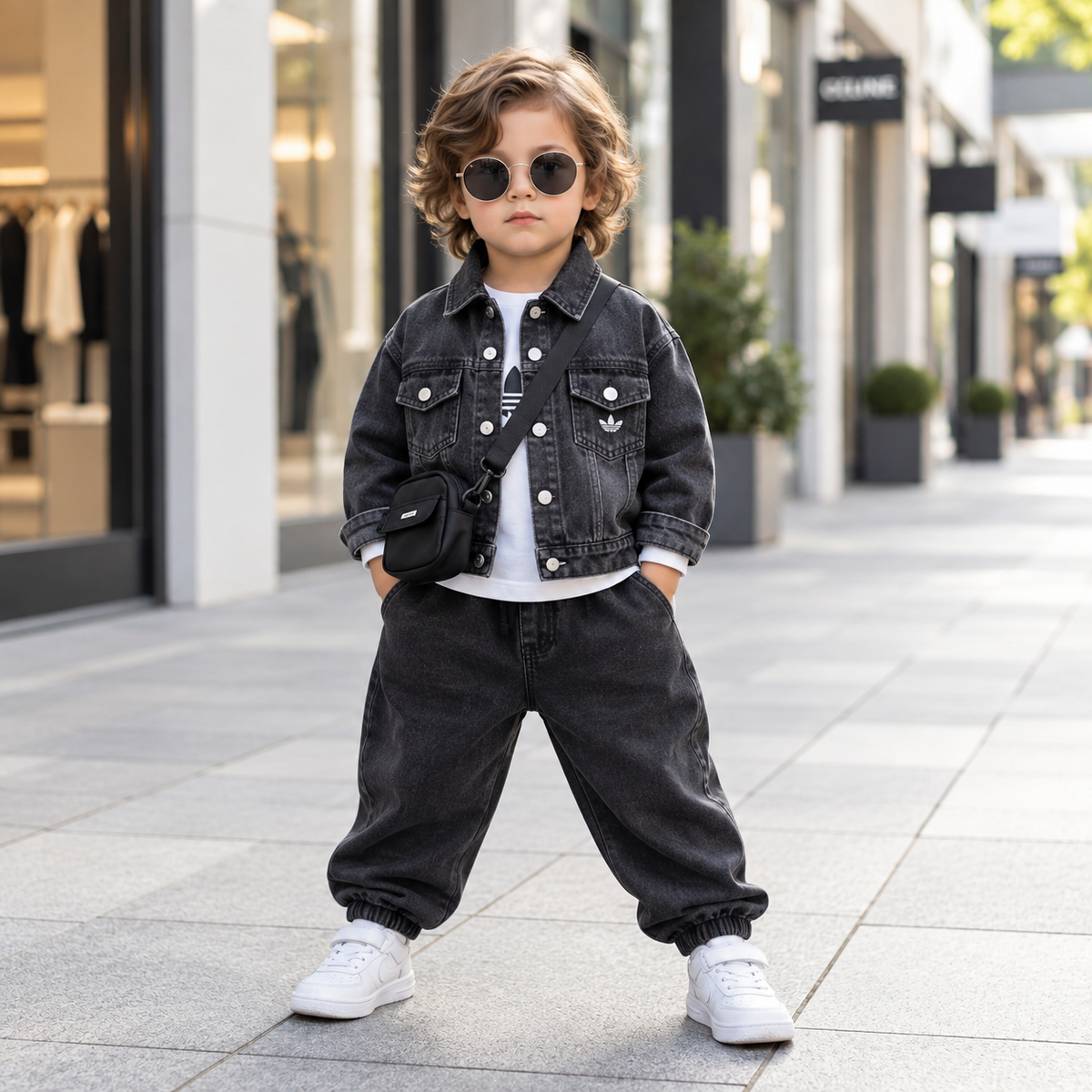 Boys 3PC black denim jacket set with inner shirt and baggy pants